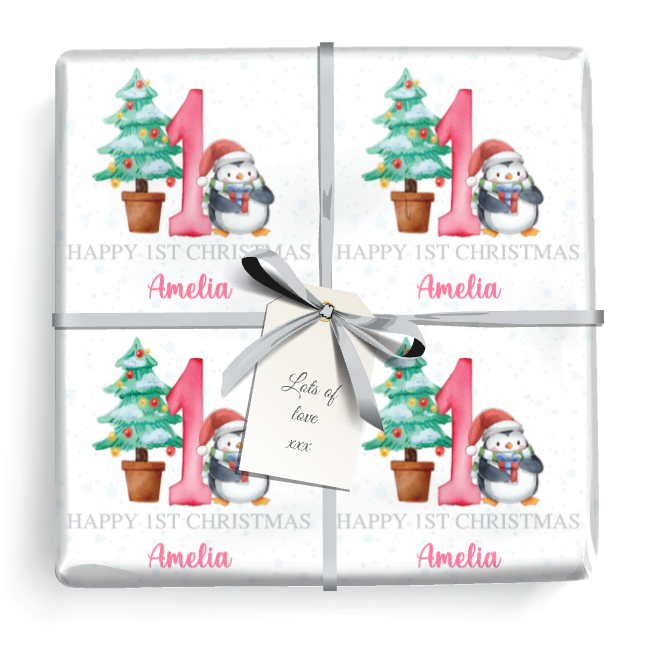 Personalised 1st Christmas Gift Wrapping Paper - Penguin & Tree - Add Name