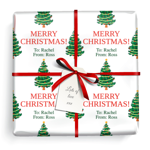 Personalised Christmas Gift Wrapping Paper - Xmas Tree Red & Green - Add Name