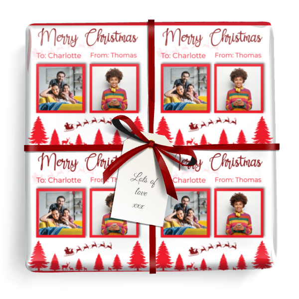 Personalised Christmas Gift Wrapping Paper - Red Santa Reindeer - Add Name & 2 Photos