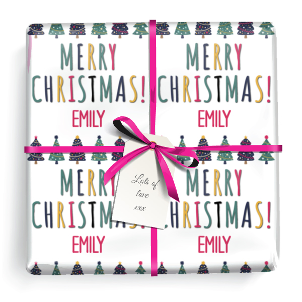 Personalised Christmas Gift Wrapping Paper - Pink Blue Green Trees - Add Name