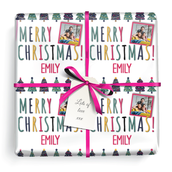 Personalised Christmas Gift Wrapping Paper - Pink Blue Green Trees - Add Name & 1 Photo