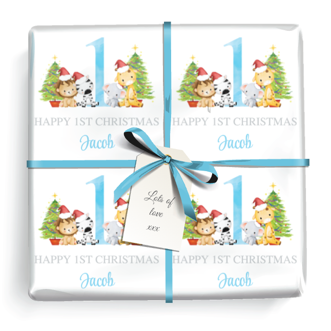 Personalised 1st Christmas Gift Wrapping Paper - Xmas Safari Animals - Add Name