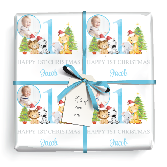 Personalised 1st Christmas Gift Wrapping Paper - Xmas Safari Animals - Add Name & 1 Photo