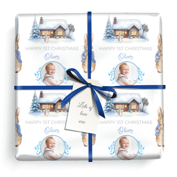 Personalised Christmas Gift Wrapping Paper - Blue Rabbit - Add Text & 1 Photo