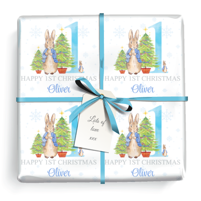 Personalised 1st Christmas Gift Wrapping Paper - Blue Rabbit - Add Name