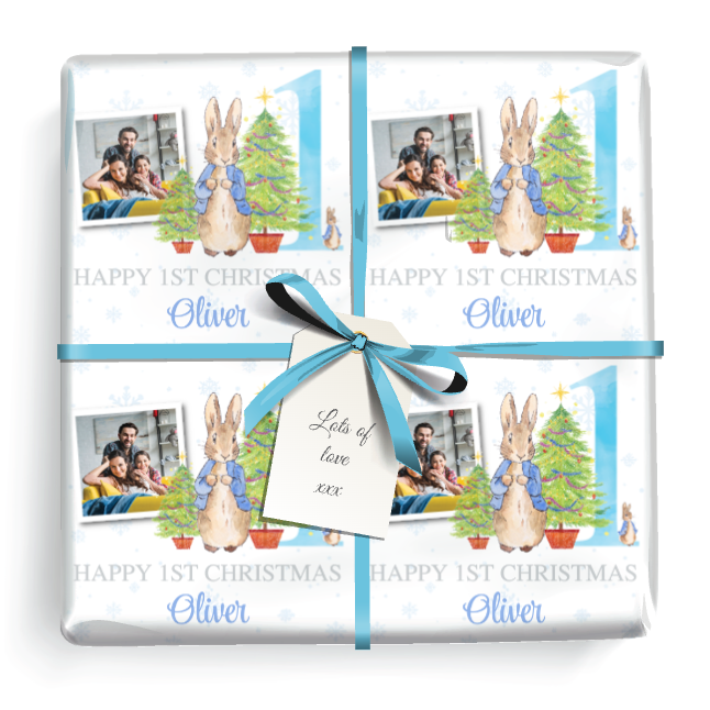 Personalised 1st Christmas Gift Wrapping Paper - Blue Rabbit - Add Name & 1 Photo