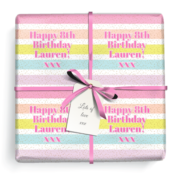 Personalised Birthday Gift Wrapping Paper - Pink Rainbow Stripe - Add Text