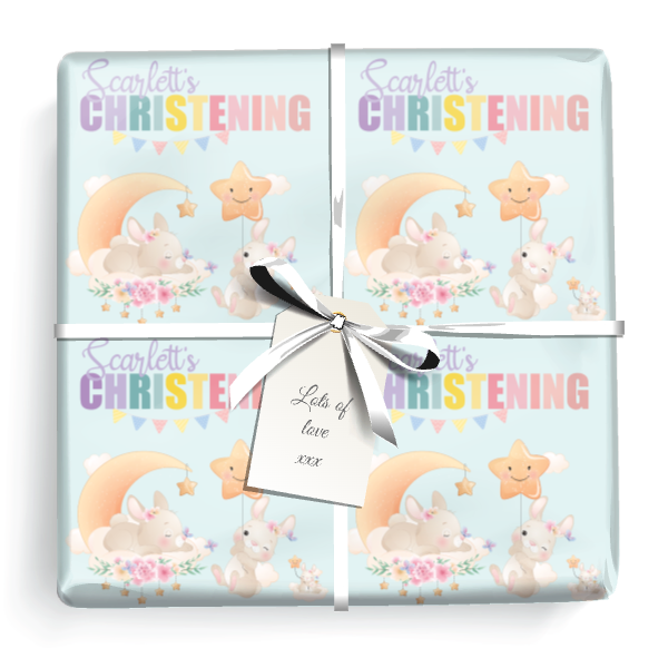 Personalised Christening Gift Wrapping Paper -  Pink & Green Bunny - Add Name & 1 Photo