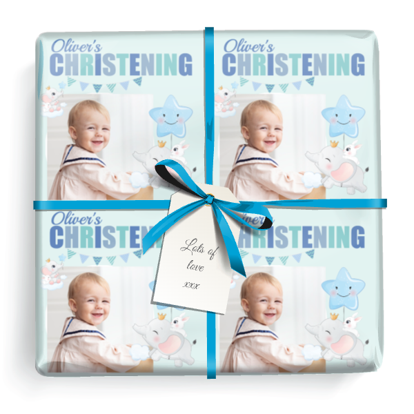 Personalised Christening Gift Wrapping Paper -  Blue Elephant - 1 Photo & Add Name