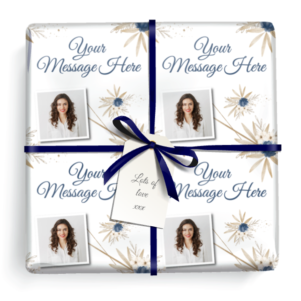 Personalised Birthday Gift Wrapping Paper - Blue Floral -  Add Text & 1 Photo