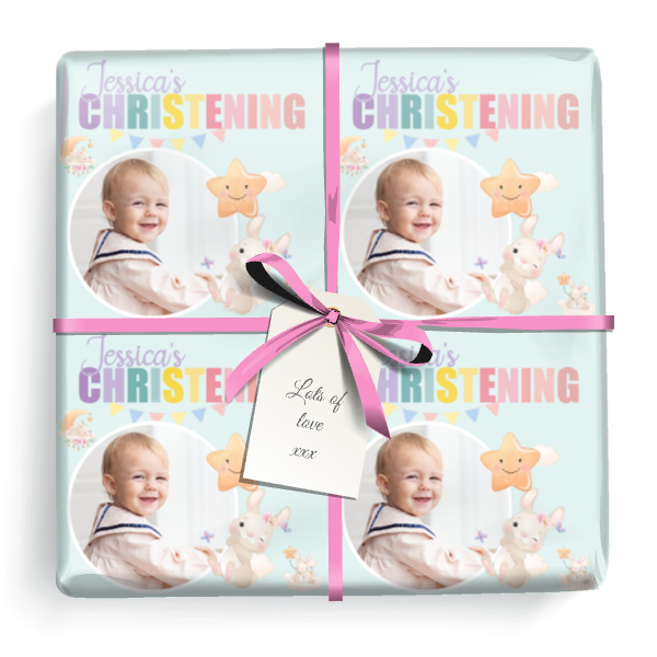 Personalised Christening Gift Wrapping Paper -  Bunny Rabbit - 1 Photo & Add Name