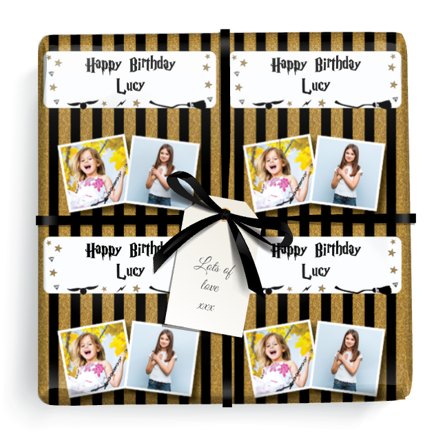 Personalised Birthday Gift Wrapping Paper - Gold Wizard Witch -  Add Text & 2 Photos