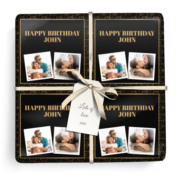 Personalised Birthday Gift Wrapping Paper - Black & Gold Art Deco -  Add Text & 2 Photos