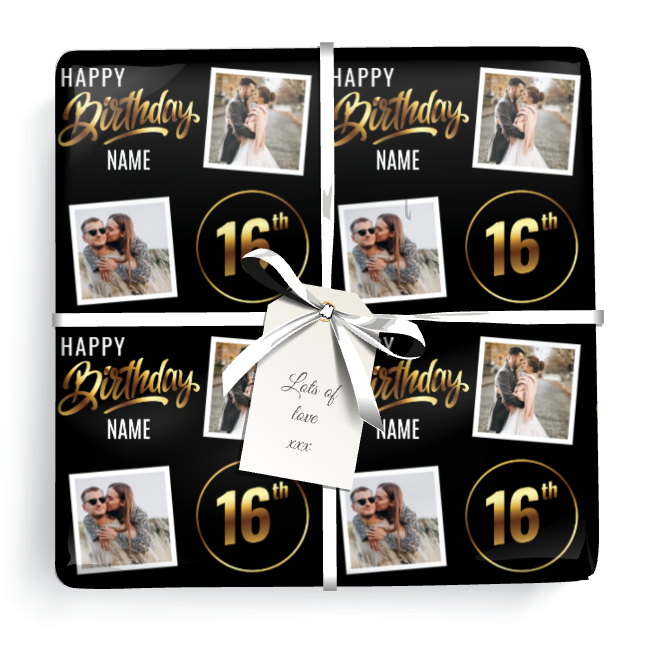 Personalised 16th Birthday Gift Wrapping Paper - Black & Gold - Upload 2 Photos & Name