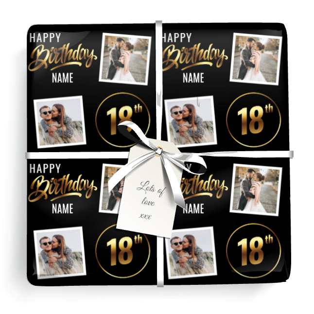 Personalised 18th Birthday Gift Wrapping Paper - Black & Gold - Upload 2 Photos & Name