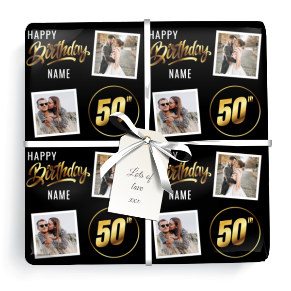 Personalised 50th Birthday Gift Wrapping Paper - Black & Gold - Upload 2 Photos & Name