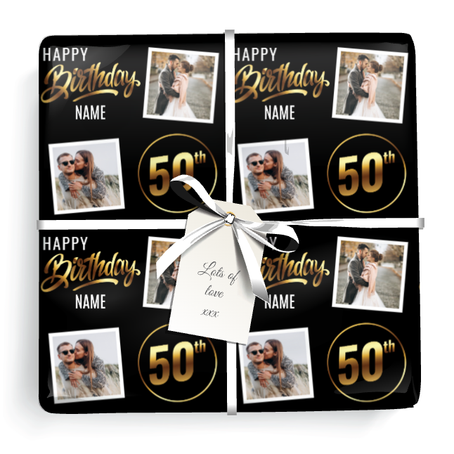 Personalised 50th Birthday Gift Wrapping Paper - Black & Gold - Upload 2 Photos & Name