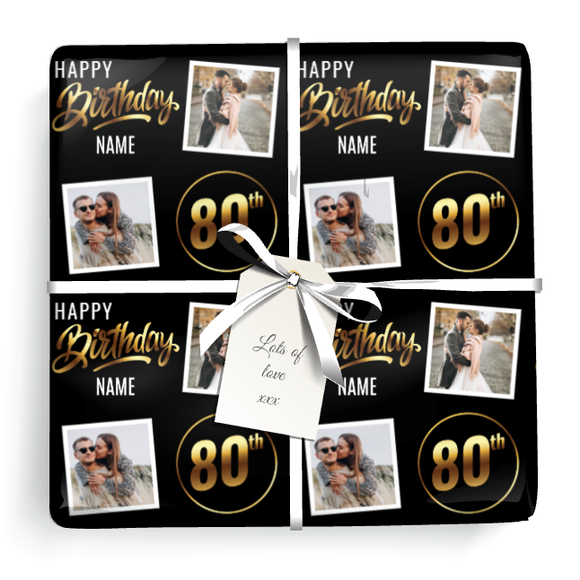 Personalised 80th Birthday Gift Wrapping Paper - Black & Gold - Upload 2 Photos & Name