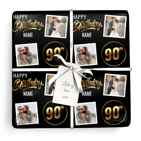 Personalised 90th Birthday Gift Wrapping Paper - Black & Gold - Upload 2 Photos & Name