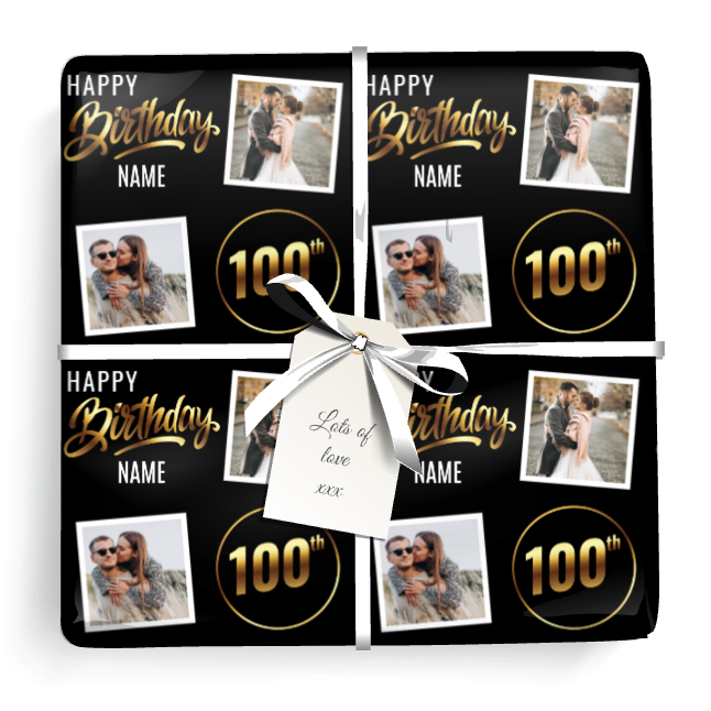 Personalised 100th Birthday Gift Wrapping Paper - Black & Gold - Upload 2 Photos & Name