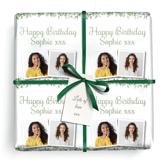 Personalised Birthday Gift Wrapping Paper - Green Leaves -  Add Text & 2 Photo