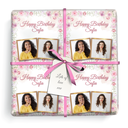 Personalised Birthday Gift Wrapping Paper - Pink Flowers -  Add Text & 2 Photos