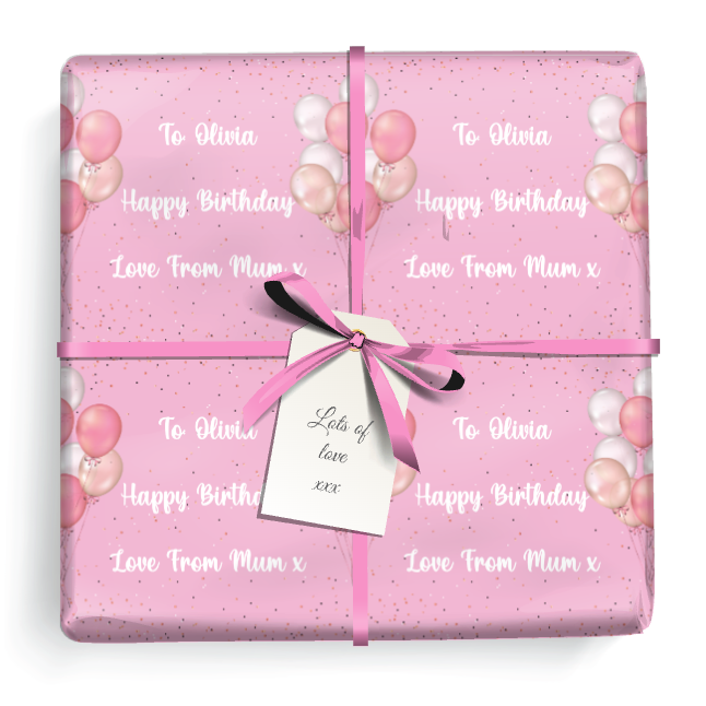 Personalised Birthday Gift Wrapping Paper - Pink Balloons - Add Text