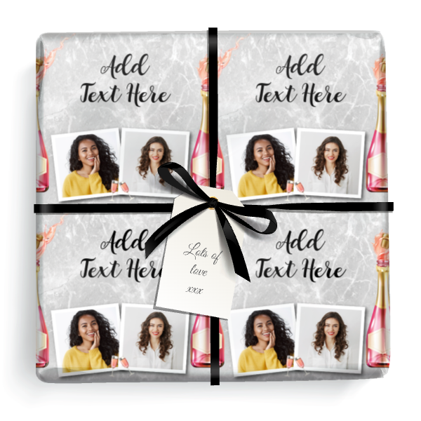 Personalised Party Gift Wrapping Paper -  Pink Champagne - Add Text & 2 Photos