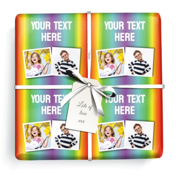 Personalised Birthday Gift Wrapping Paper - Red Rainbow Stripe - 2 Photos & Text