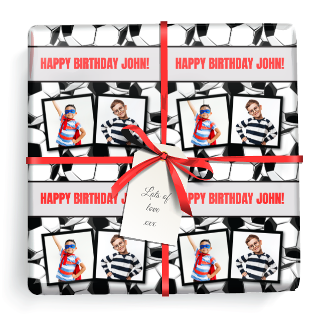 Personalised Birthday Gift Wrapping Paper - Black & White Football - Add Text & 2 Photos