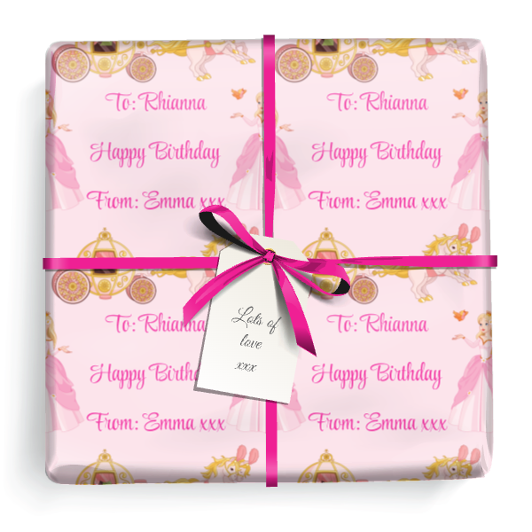 Personalised Birthday Gift Wrapping Paper - Pink Princess Carriage - Add Text