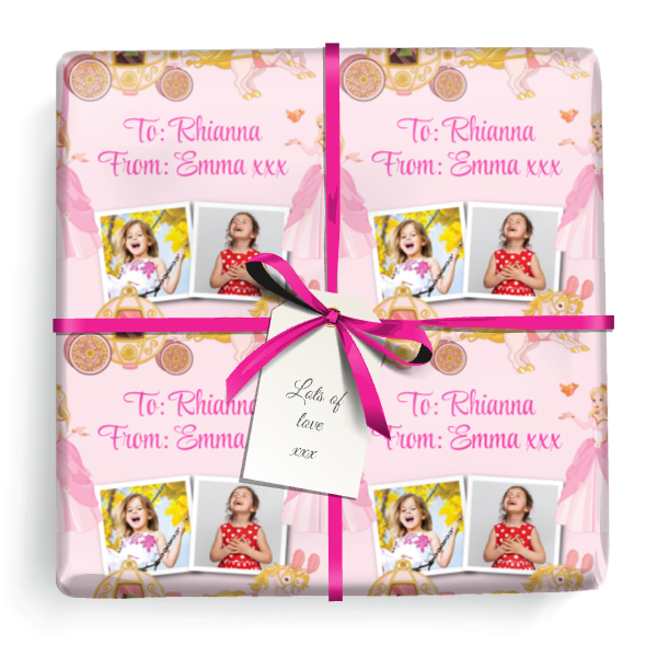 Personalised Birthday Gift Wrapping Paper - Pink Princess Carriage - Add Text & 2 Photo