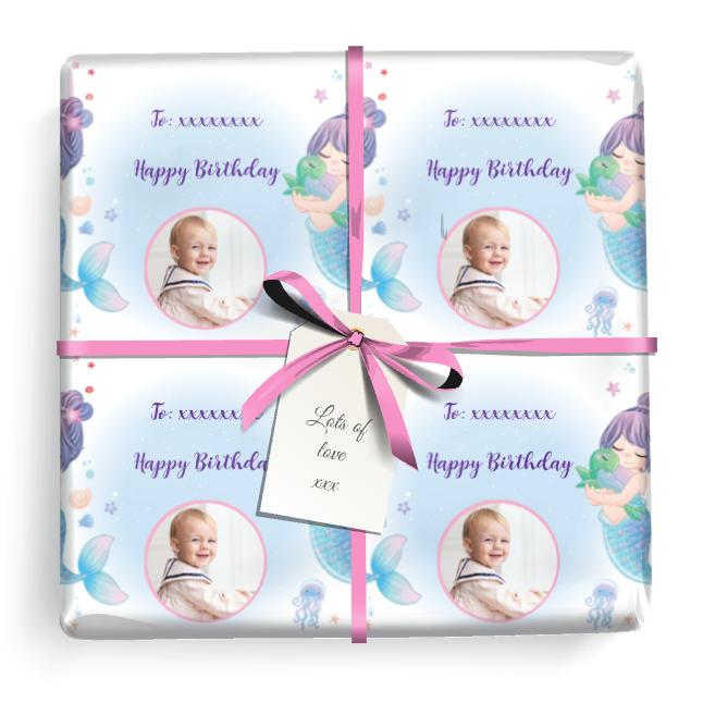 Personalised Birthday Gift Wrapping Paper - Mermaid Friends - Add Text & 1 Photo