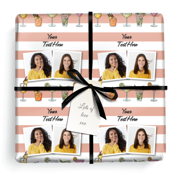 Personalised Party Gift Wrapping Paper - Cocktail Stripes - 2 Photos & Add Text