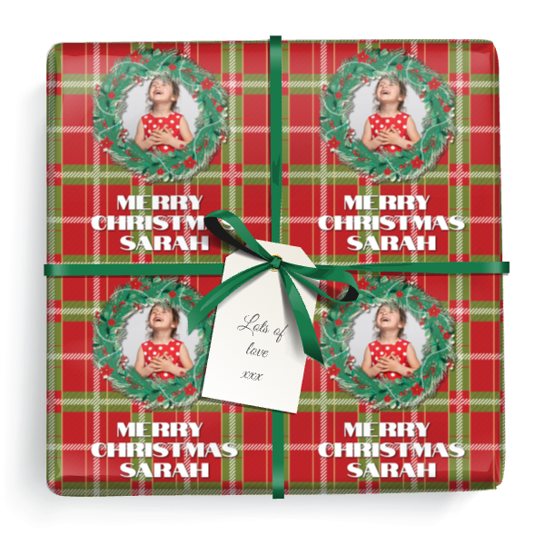 Personalised Christmas Gift Wrapping Paper - Tartan & Wreath Design - Add Text & 1 Photo