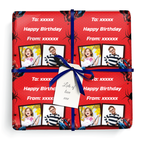 Personalised Birthday Gift Wrapping Paper - Spider Man - Add Text & 2 Photo