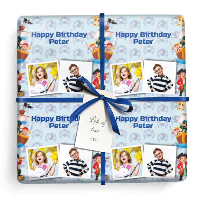 Personalised Birthday Gift Wrapping Paper -  Pirate Design - Add Text & 2 Photo