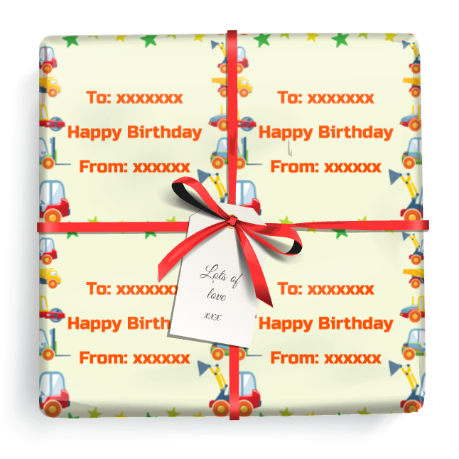 Personalised Birthday Gift Wrapping Paper -  Red & Yellow Diggers - Add Text