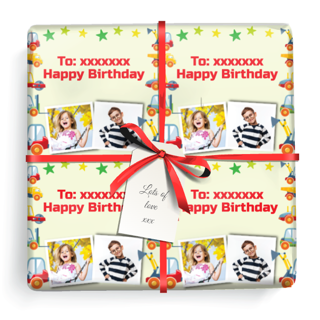 Personalised Birthday Gift Wrapping Paper -  Red & Yellow Diggers - Add Text & 2 Photos