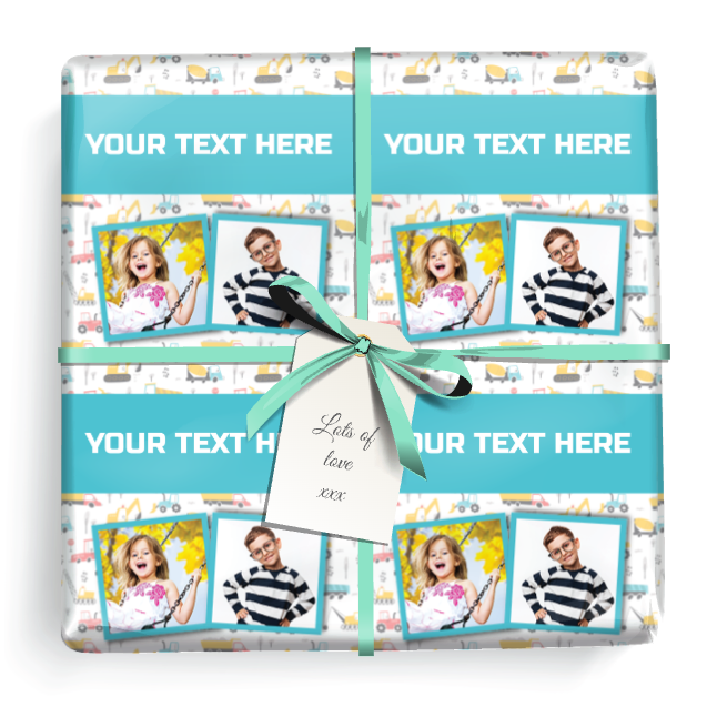 Personalised Birthday Gift Wrapping Paper - Diggers & Trucks -  Add Text & 2 Photos