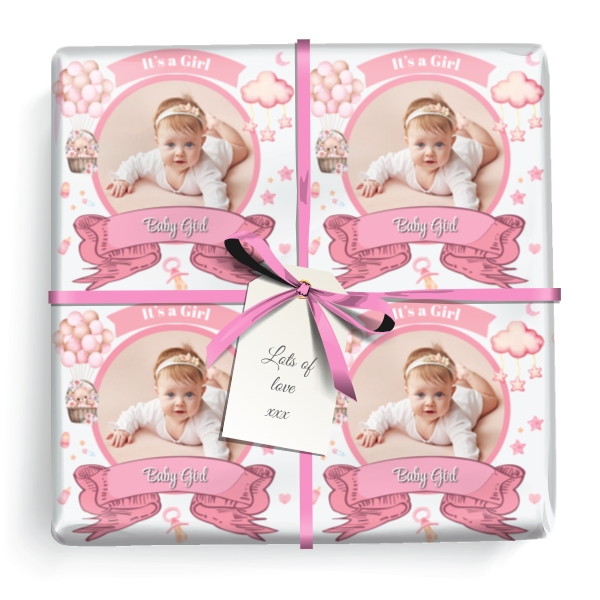 Personalised Baby Gift Wrapping Paper - Its A Girl - Upload 1 Photo & Add Name