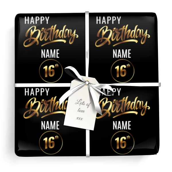 Personalised 16th Birthday Gift Wrapping Paper - Black & Gold - Add Name