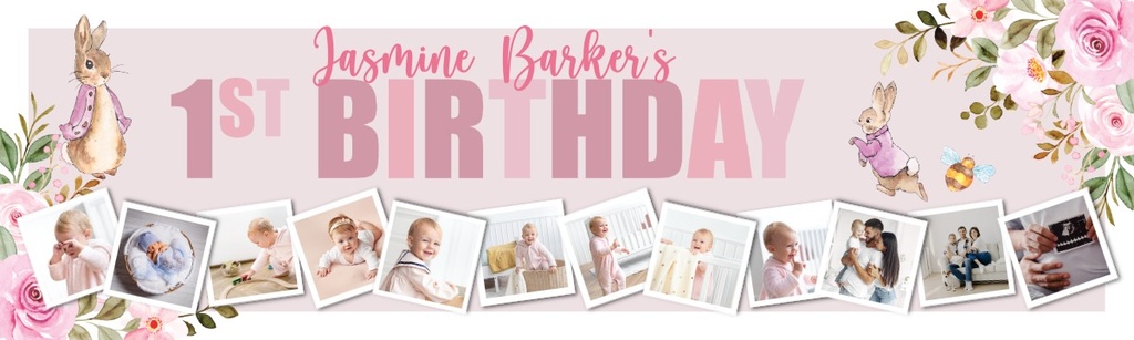 Personalised Happy 1st Birthday Banner - Pink Rabbit - Custom Name & 12 Photos