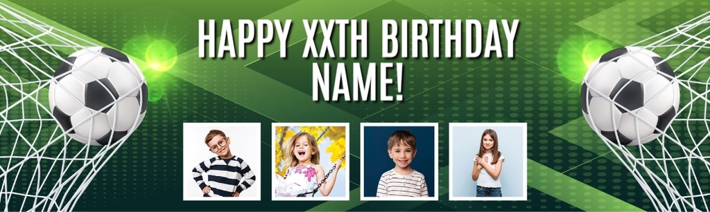 Personalised Football Birthday Banner - Kids Football Goal- Custom Text & 4 Photos