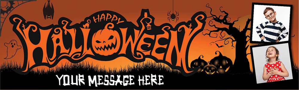 Personalised Happy Halloween Party Banner - Spooky Pumpkin - Custom Text & 2 Photo Upload