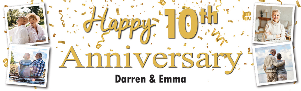 Personalised 10th Wedding Anniversary Banner - Celebration Design - Custom Text & 4 Photo Upload