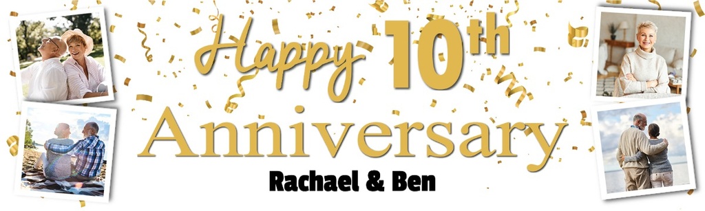 Personalised 10th Wedding Anniversary Banner - Celebration Design - Custom Text & 4 Photo Upload