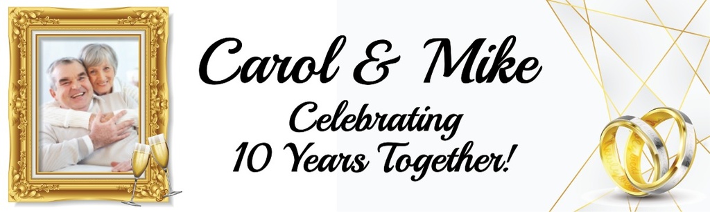 Personalised 10th Wedding Anniversary Banner - Gold Rings - Custom Name & 1 Photo Upload