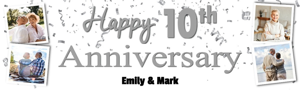 Personalised 10th Wedding Anniversary Banner - Silver Party Design - Custom Text & 4 Photo Upload