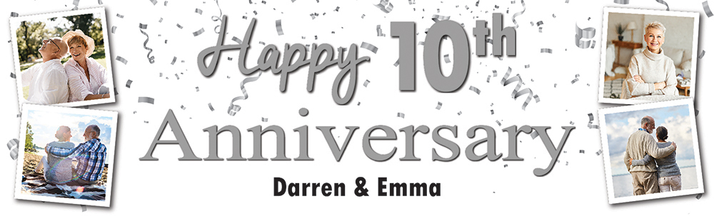 Personalised 10th Wedding Anniversary Banner - Silver Party Design - Custom Text & 4 Photo Upload